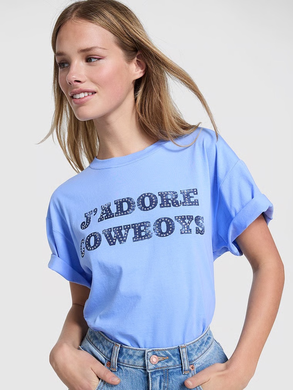 PINK Victoria's Secret Light Blue "J'ADORE COWBOYS" Graphic Tee